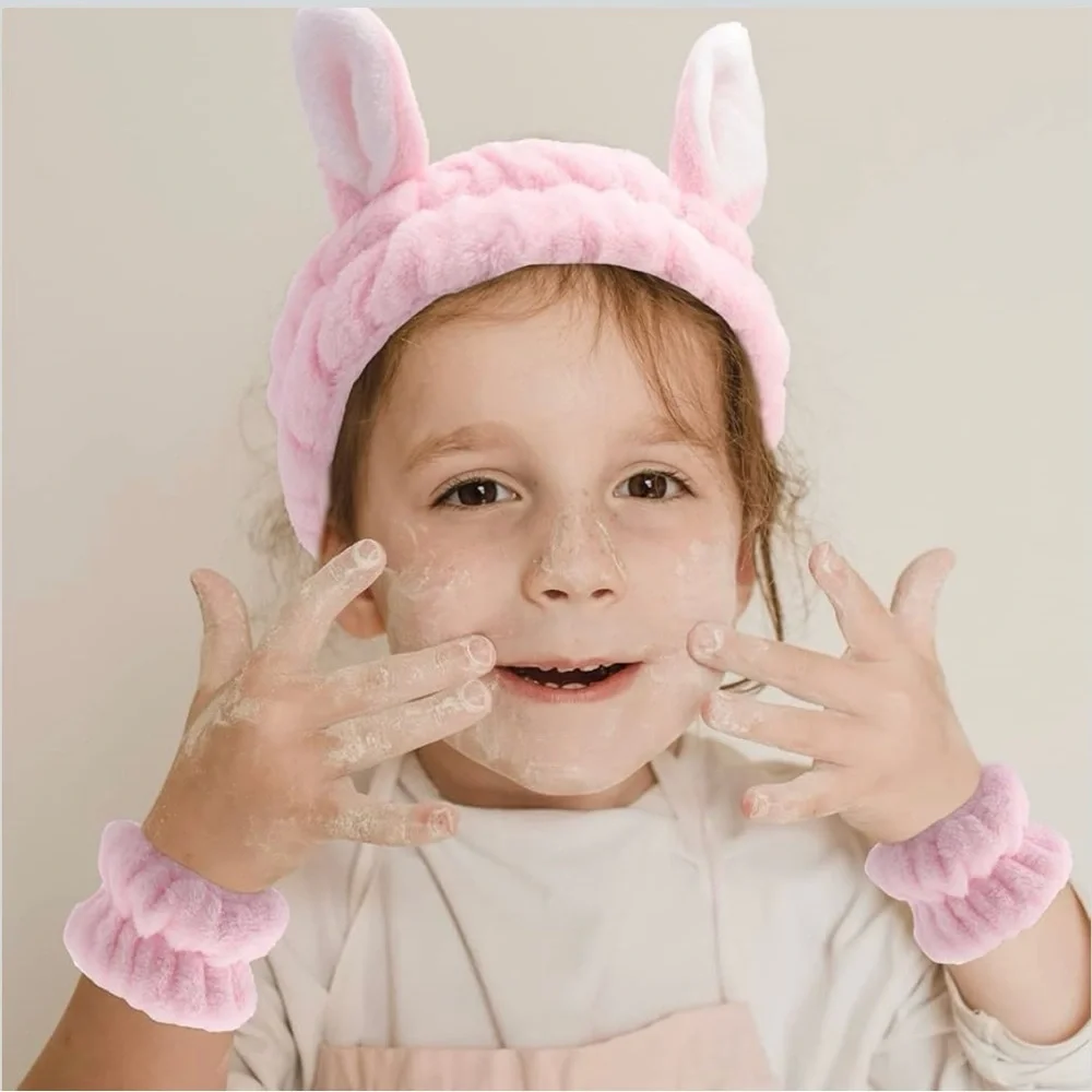 Pink Bunny Ear Spa Headband & Wristbands Set Face Washing Skincare Makeup, [New]